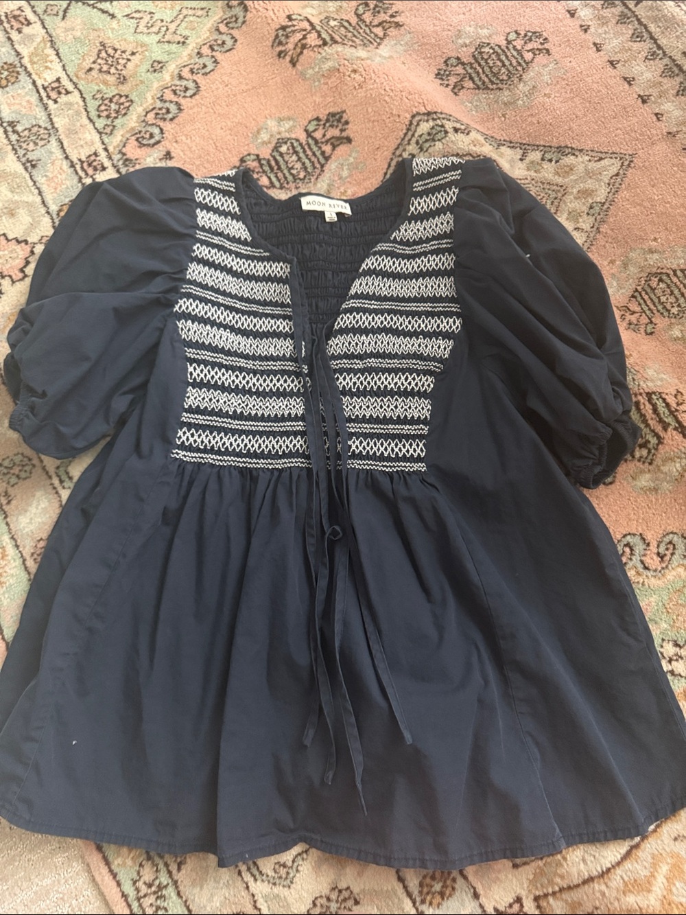 Moon River Navy Blouse with White Embroidered Panel